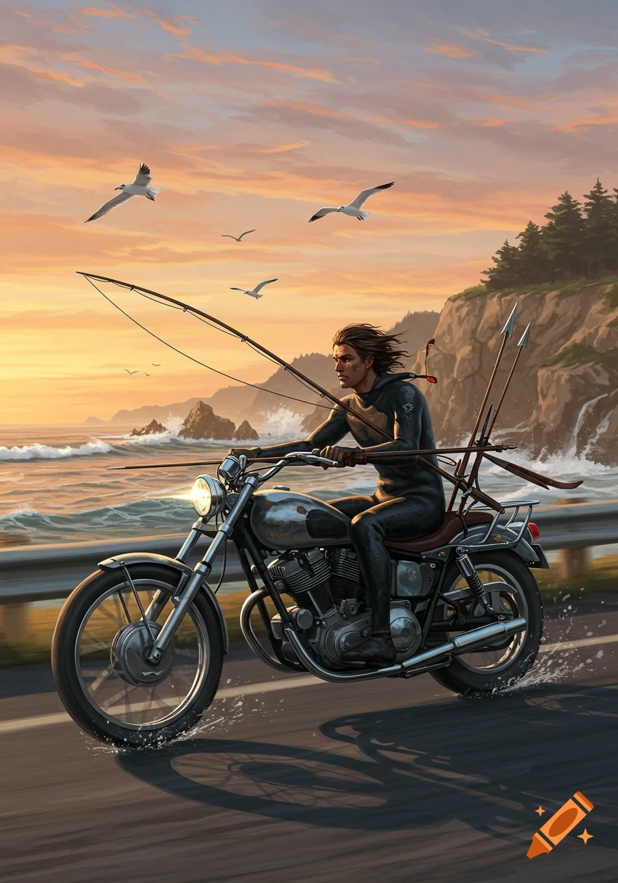 A spear fisher in a wetsuit rides a motorcycle along a coastal road at sunset, with fishing gear strapped on.