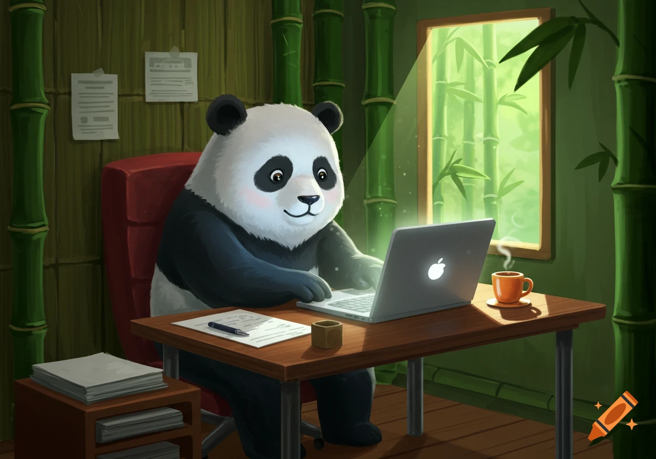 A cute cartoon panda works on a laptop at a desk in a bamboo-themed room, with sunlight shining through a window.