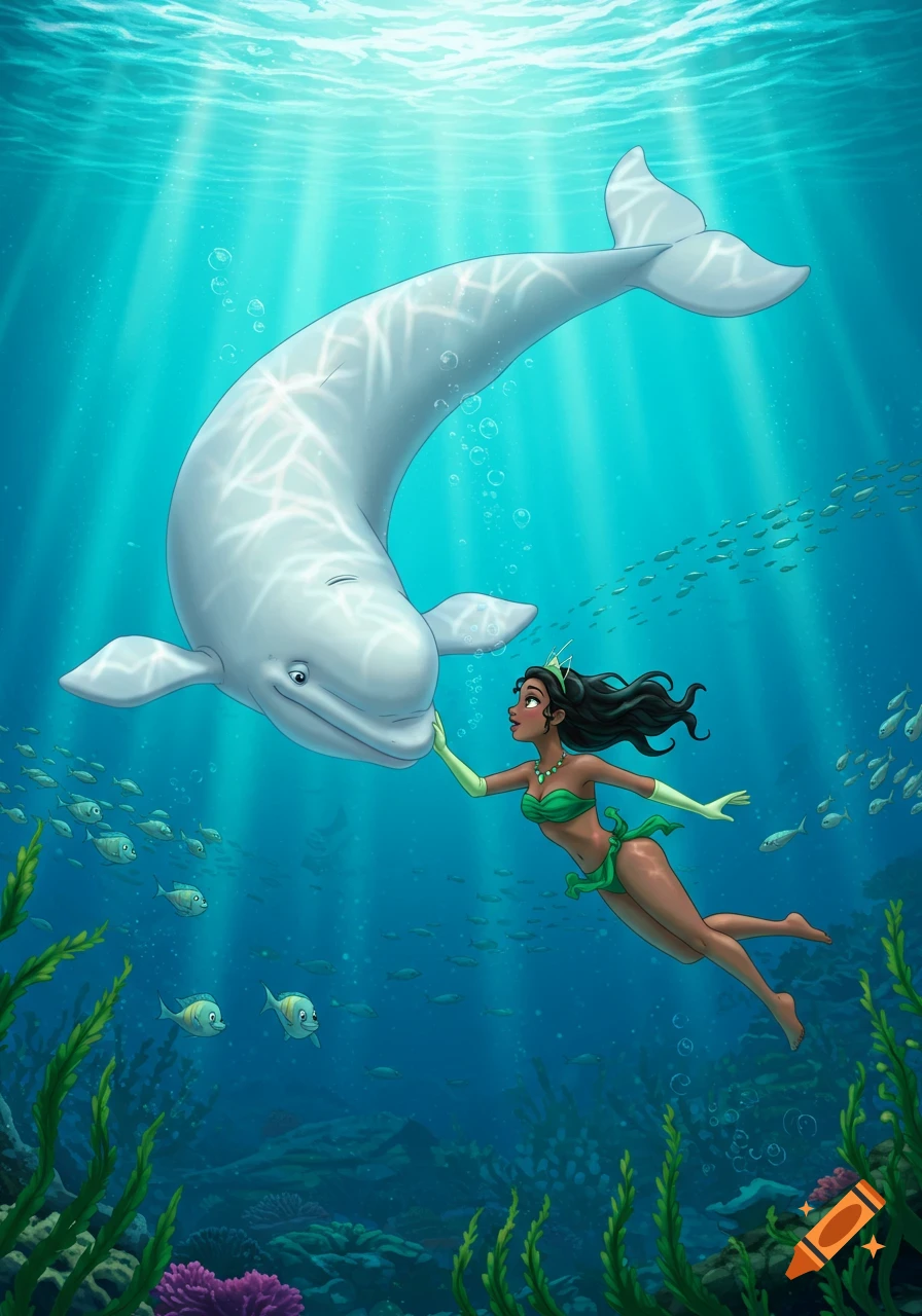 Cartoon of a dark-skinned woman in a green bikini touching a beluga whale underwater, with small fish and plants.