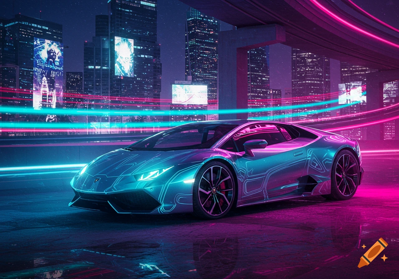A sleek, blue and pink neon-lit Lamborghini supercar parked on a wet street in a futuristic city at night.