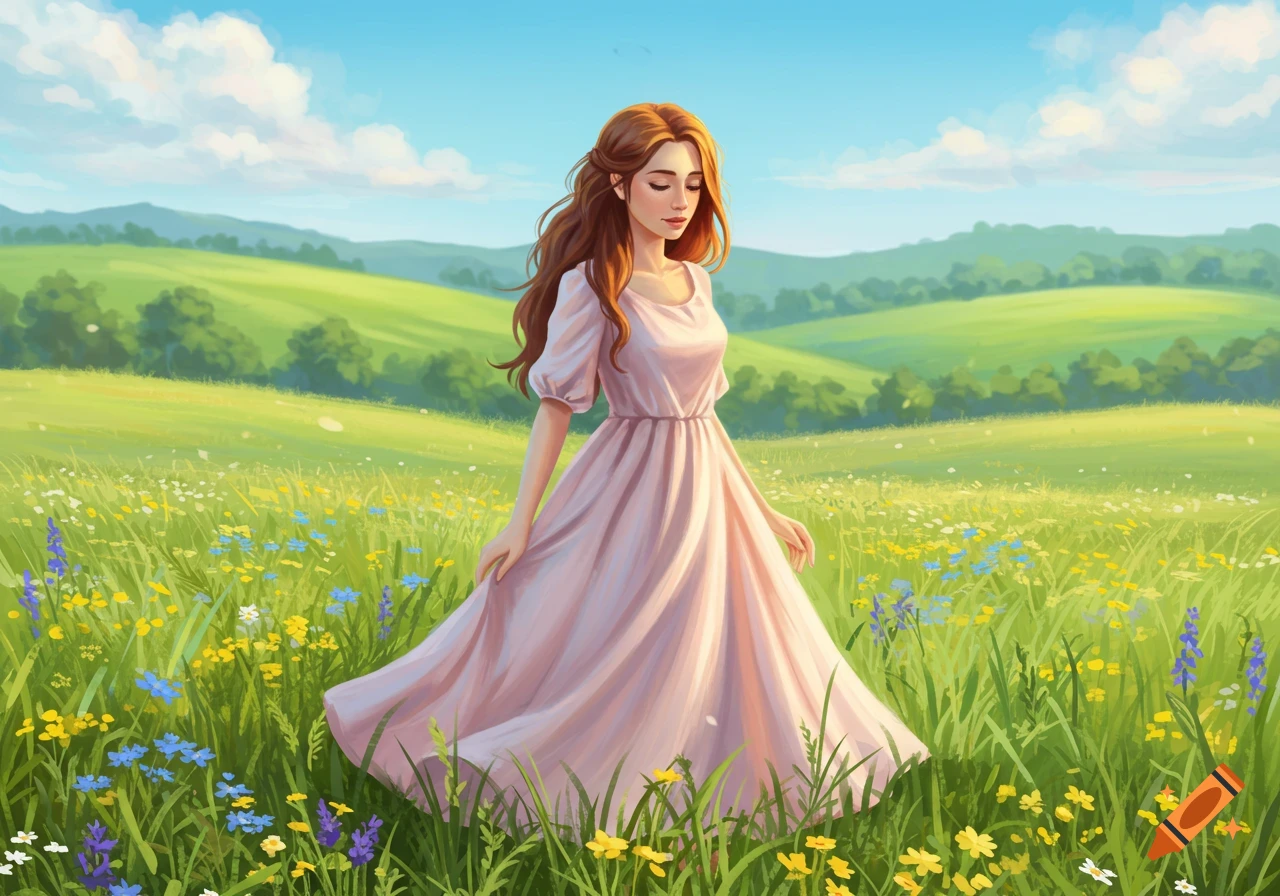 An illustration of a young woman with long brown hair in a pink dress walking through a vibrant wildflower meadow under a blue sky.