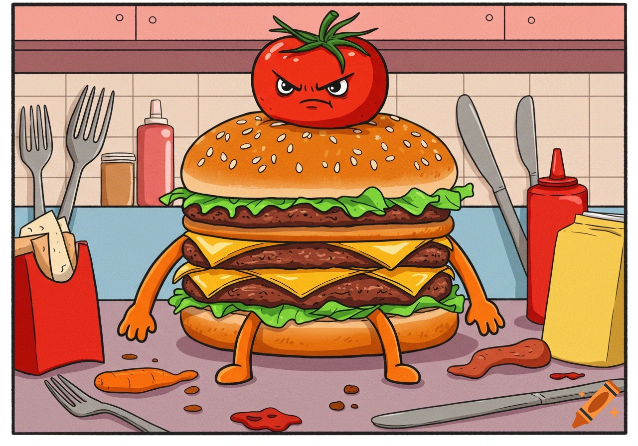 A cartoon hamburger monster with an angry tomato head and carrot arms and legs in a diner kitchen with fries and condiments.