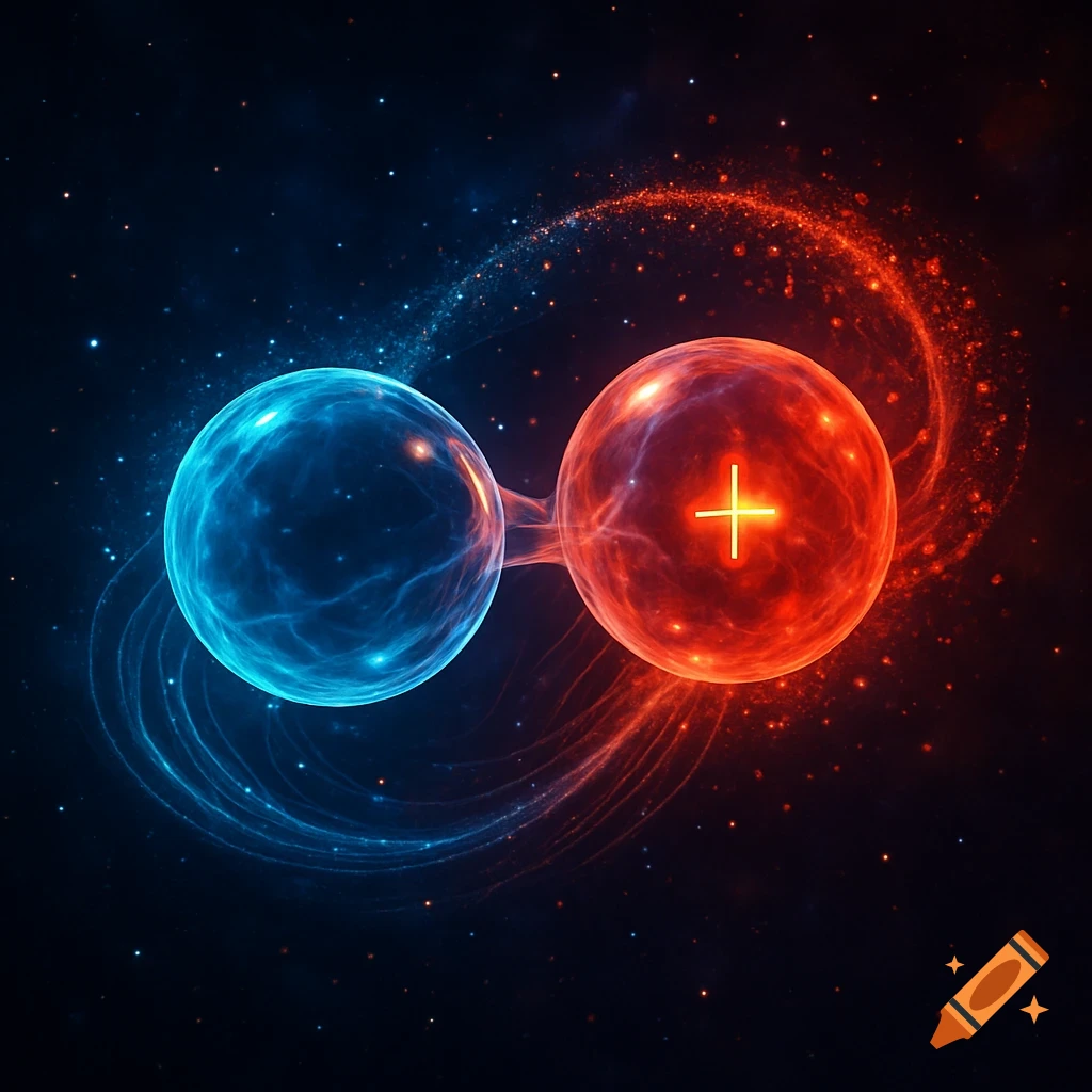Blue and red glowing spheres, the red sphere marked with a yellow plus sign, connected against a dark starry background.