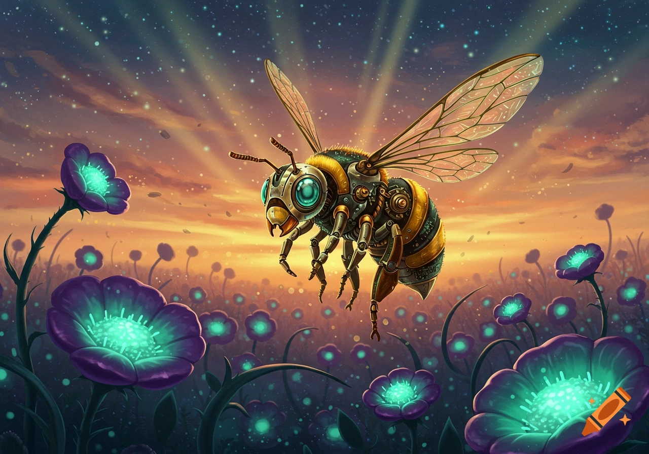 A steampunk mechanical bee flies over a field of glowing purple flowers under a starry, colorful sunset sky.