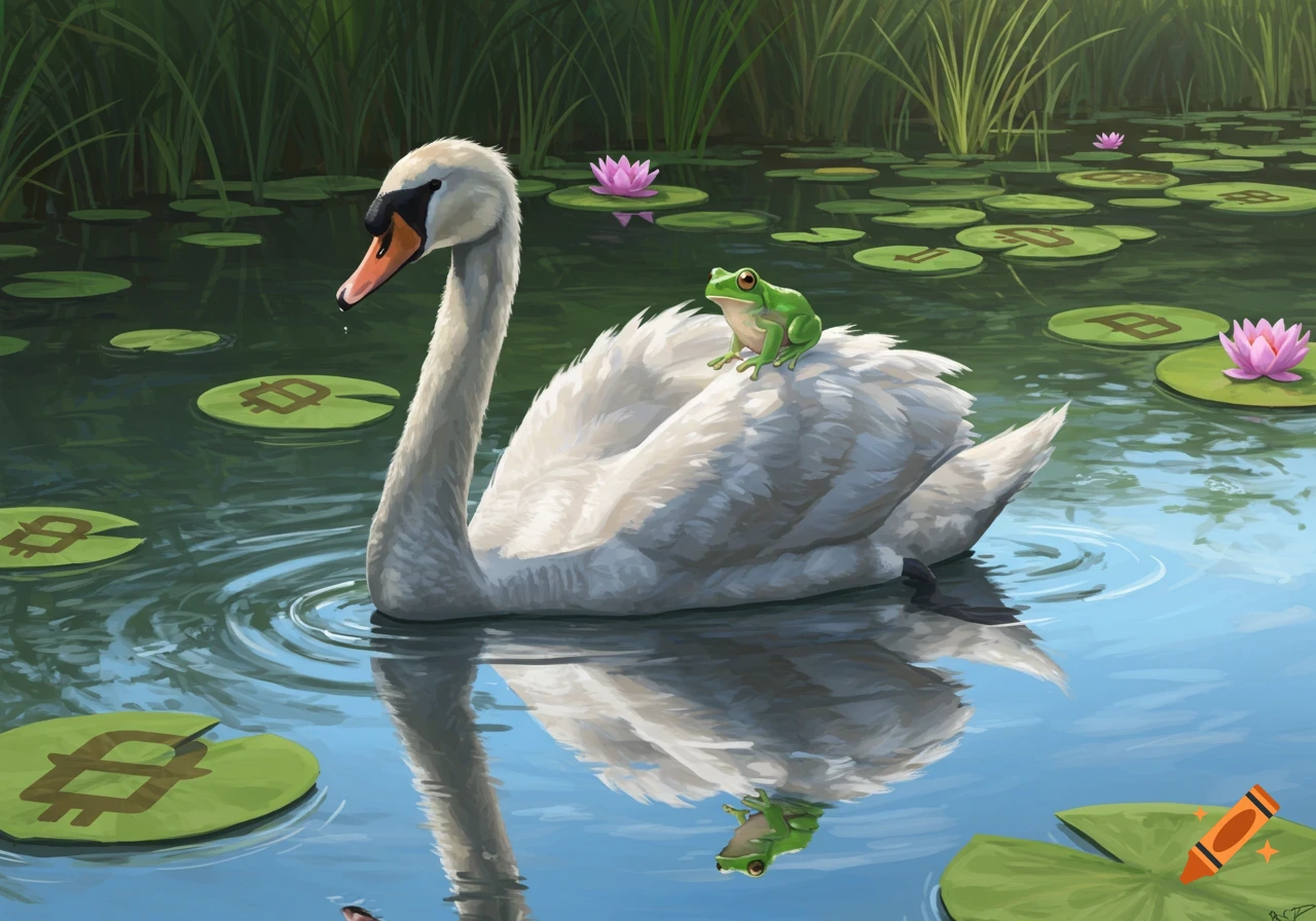 A white swan swims in a pond with a green frog on its back. Bitcoin logo lily pads and pink water lilies float on the water.