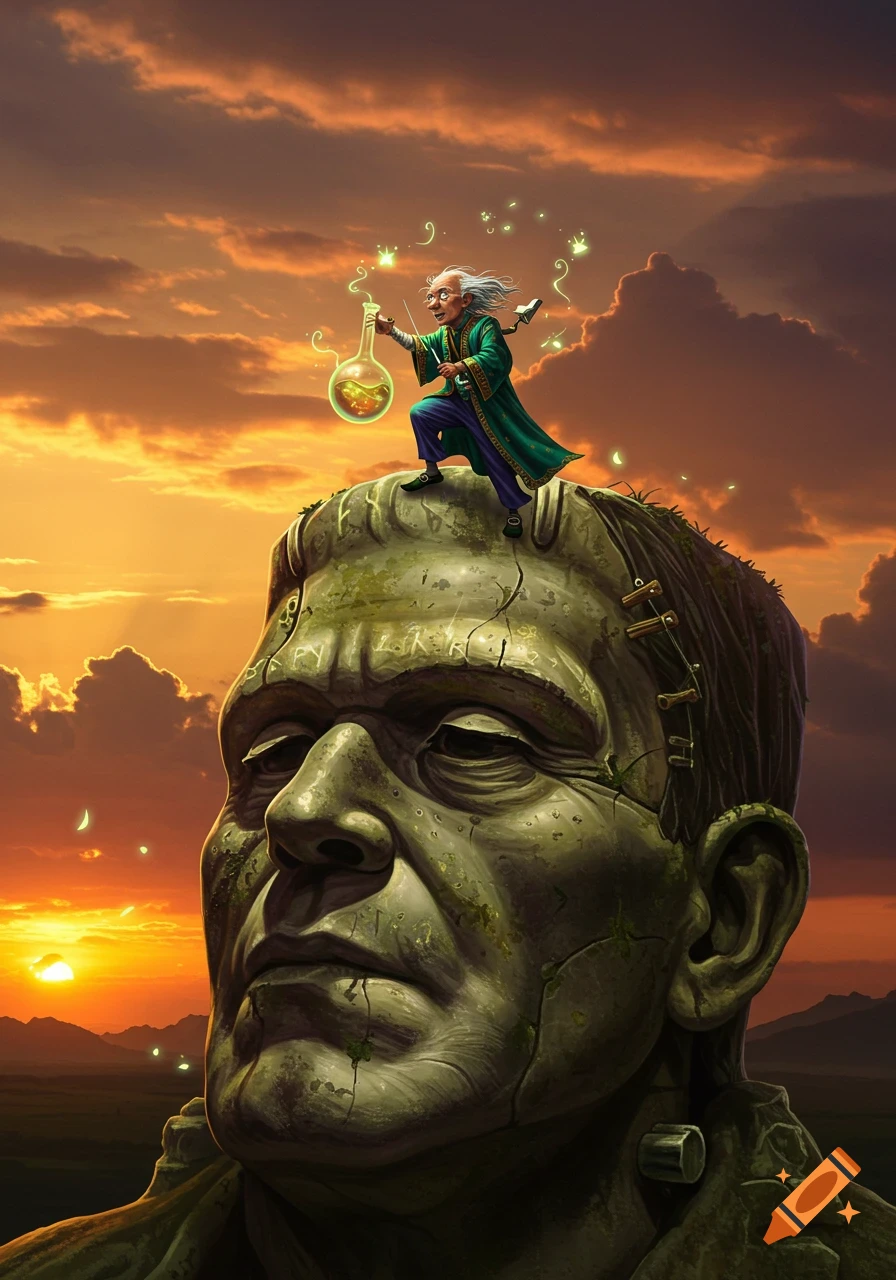 A wizened alchemist in a green robe stands atop a colossal, moss-covered Frankenstein-like stone head, holding a glowing flask against an orange sunset.