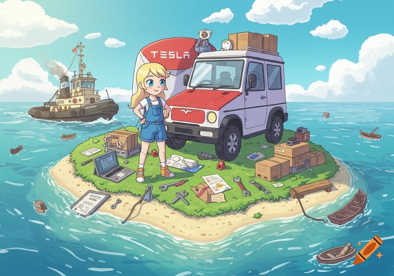 A cartoon blond girl stands on a small island with an SUV and a Tesla Megapack, while a tugboat floats in the sea.