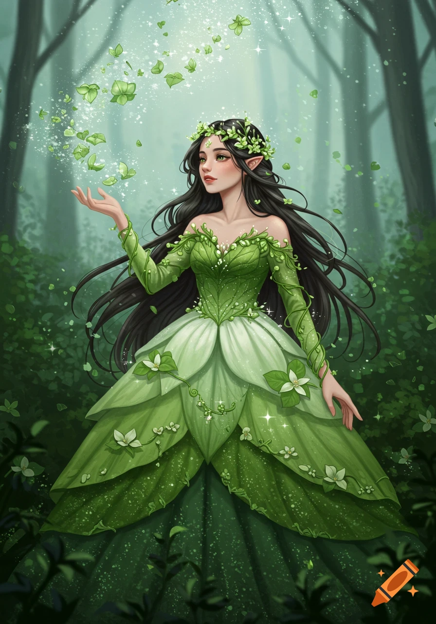 A dark-haired fantasy elf girl in a green, layered, leafy dress stands in a magical forest with glowing leaves swirling around her.