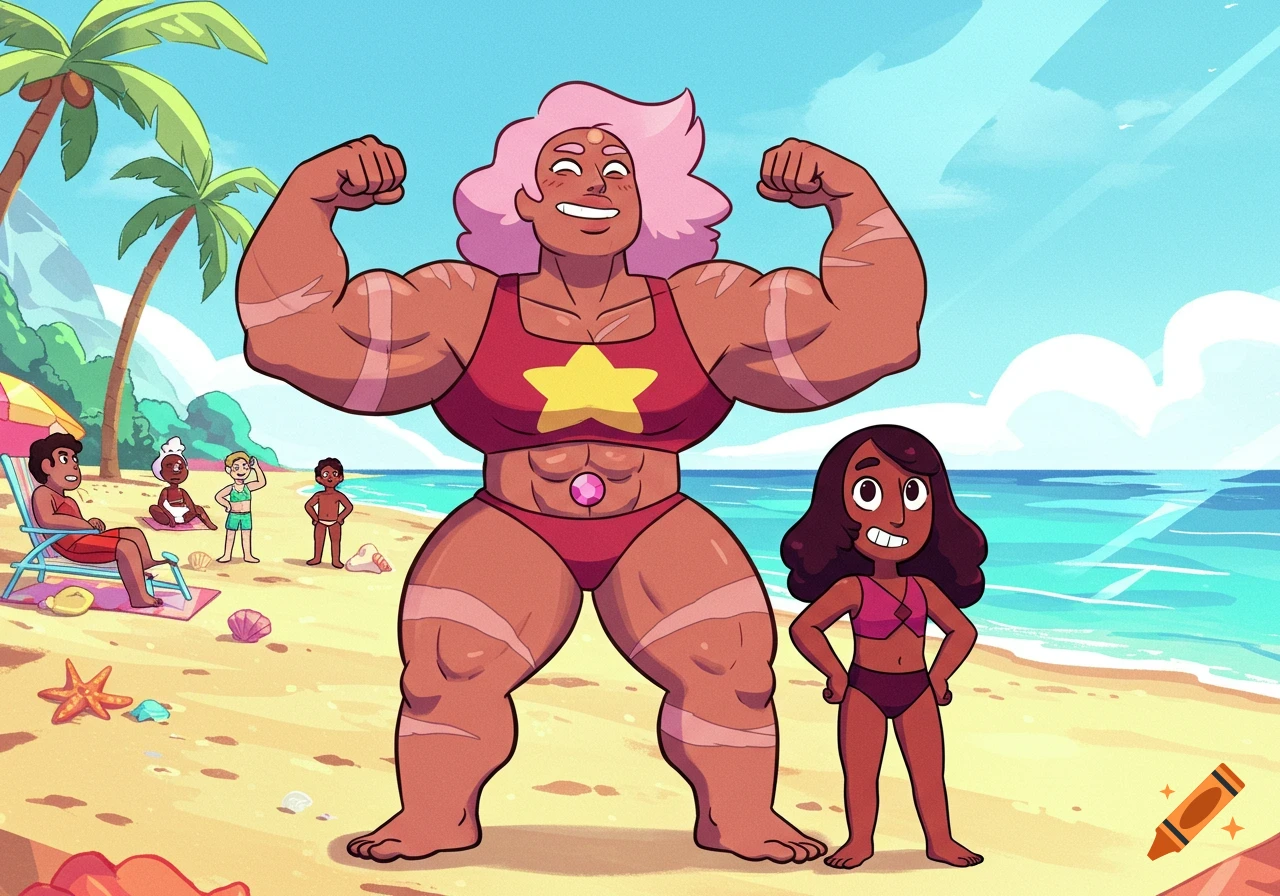 Cartoon of a muscular woman flexing her biceps next to a smaller girl at a sunny beach with other people in the background.
