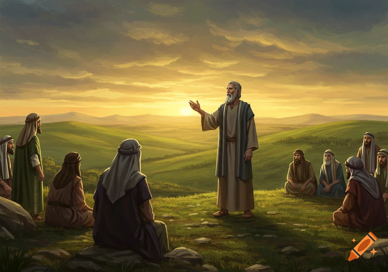 A bearded man in ancient robes speaks to a group of men seated on a grassy hillside at sunset in an illustrative style.