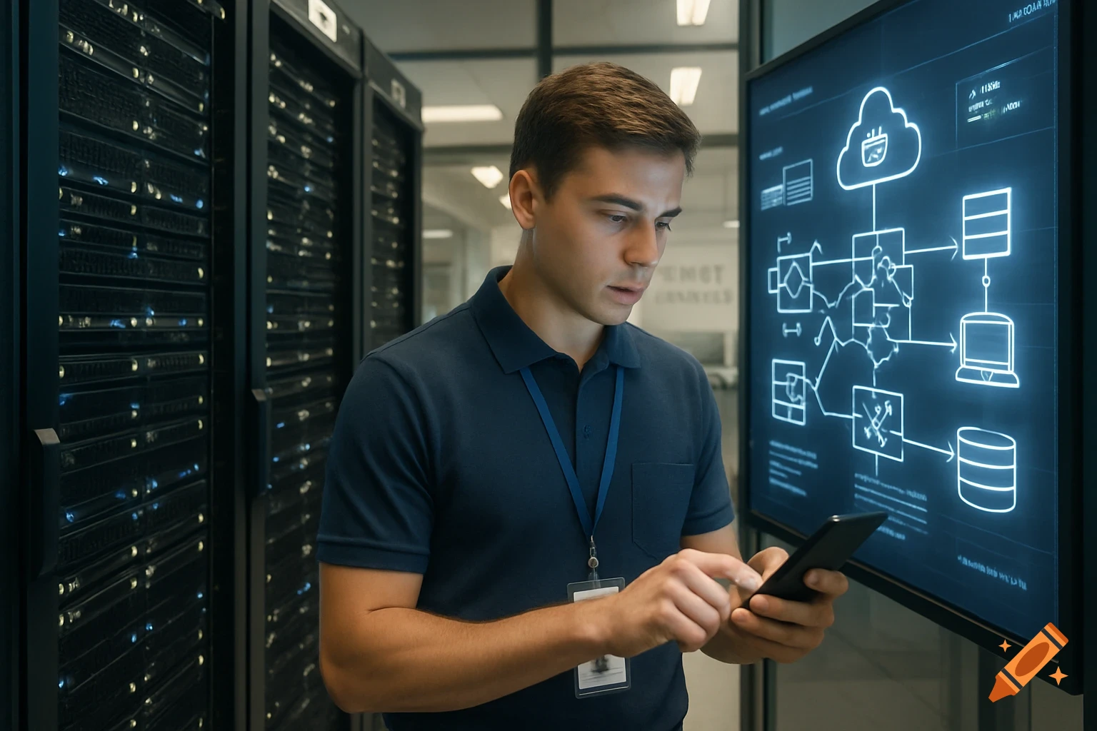 A young male IT technician apprentice uses a smartphone in a modern server room, with network diagrams on a large screen.