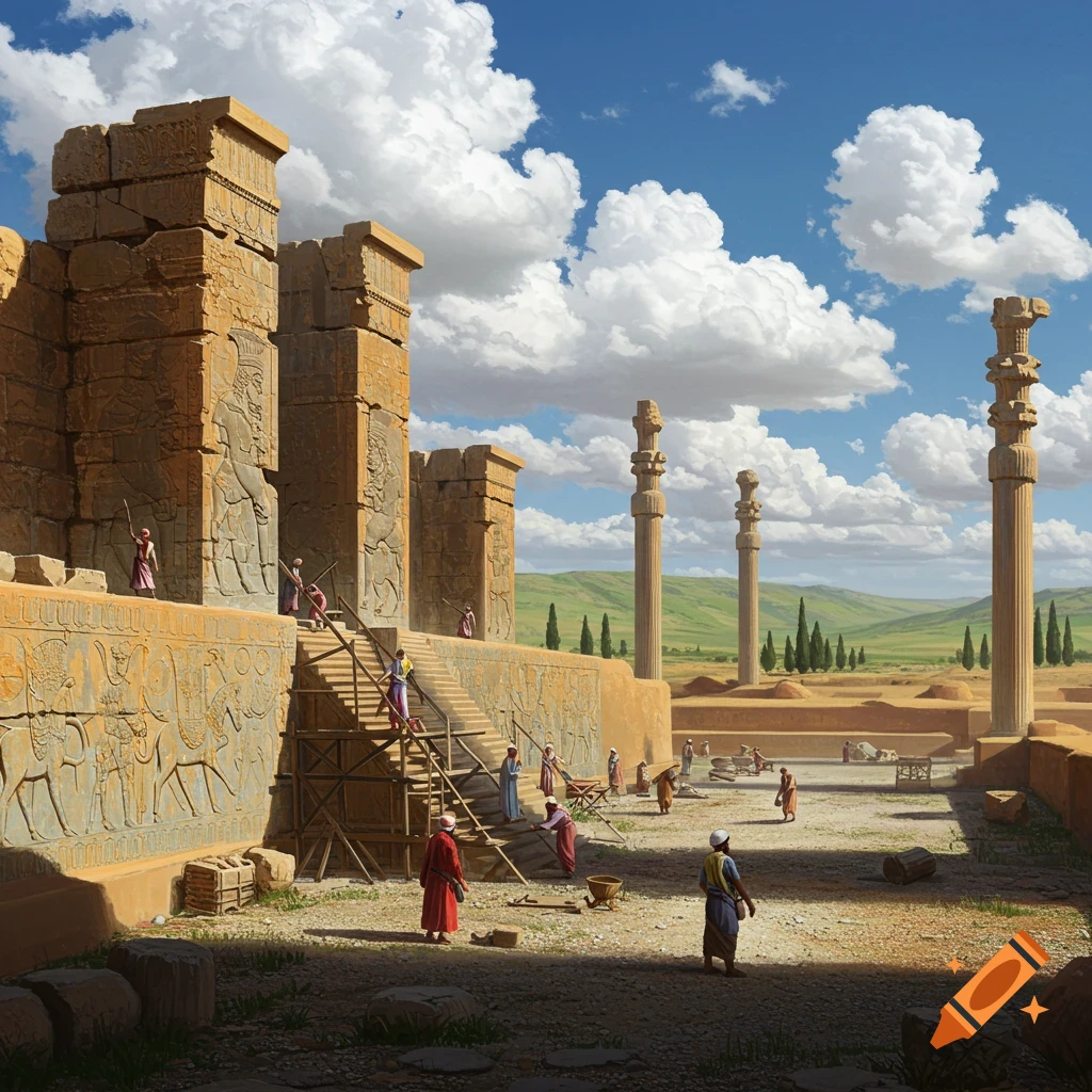 Grand ancient Persian city construction with workers, stone structures, and tall pillars under a blue sky.