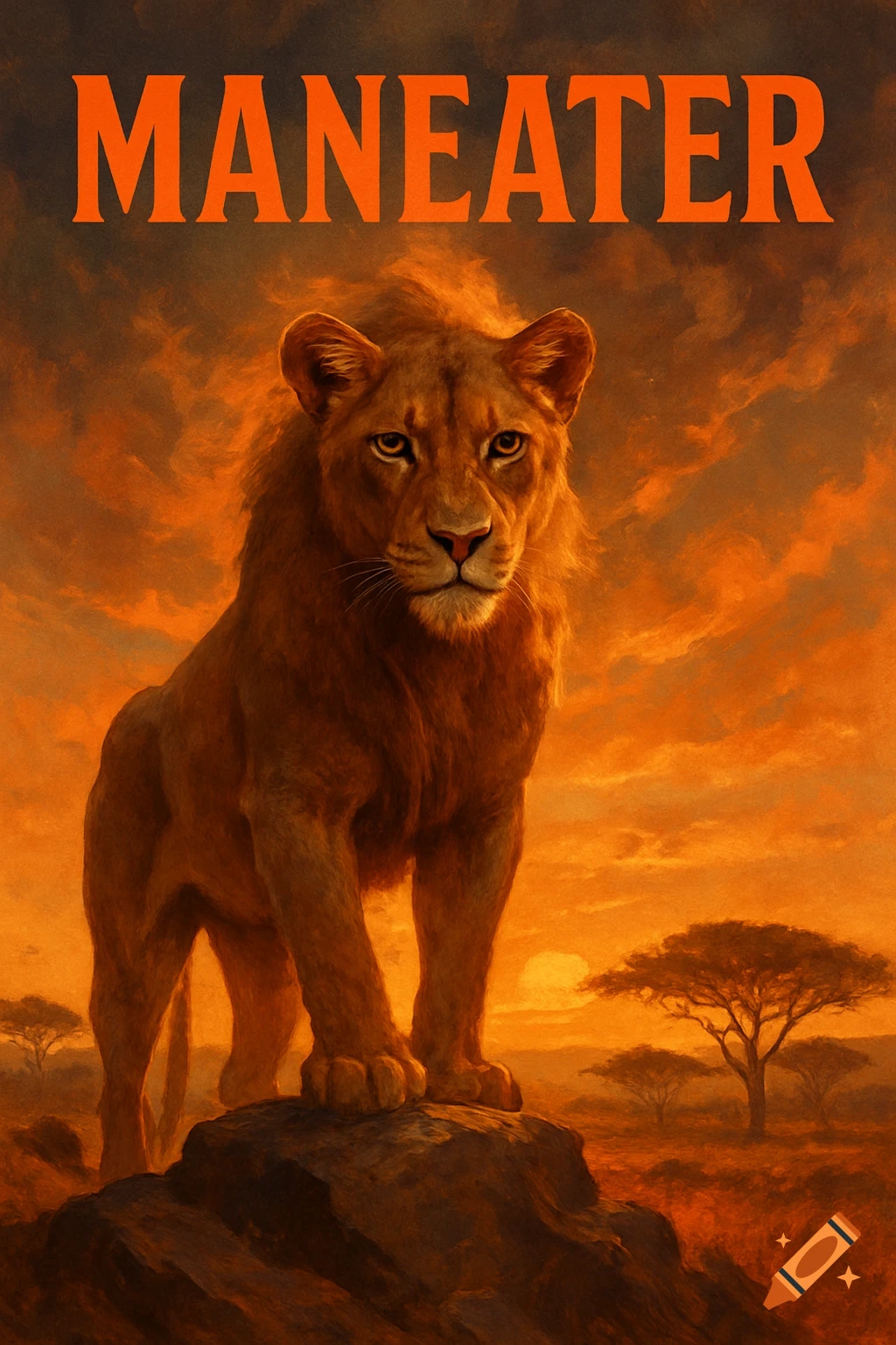 A majestic lion stands on a rock at sunset in an African savanna, with the word "MANEATER" written above.