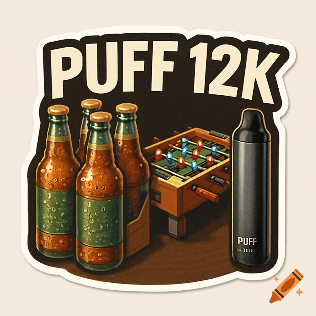 A sticker graphic featuring four beer bottles, a small foosball table, and a black vape device. The sticker has "PUFF 12K" in large white letters at the top. The vape has "PUFF" and some illegible text below it.