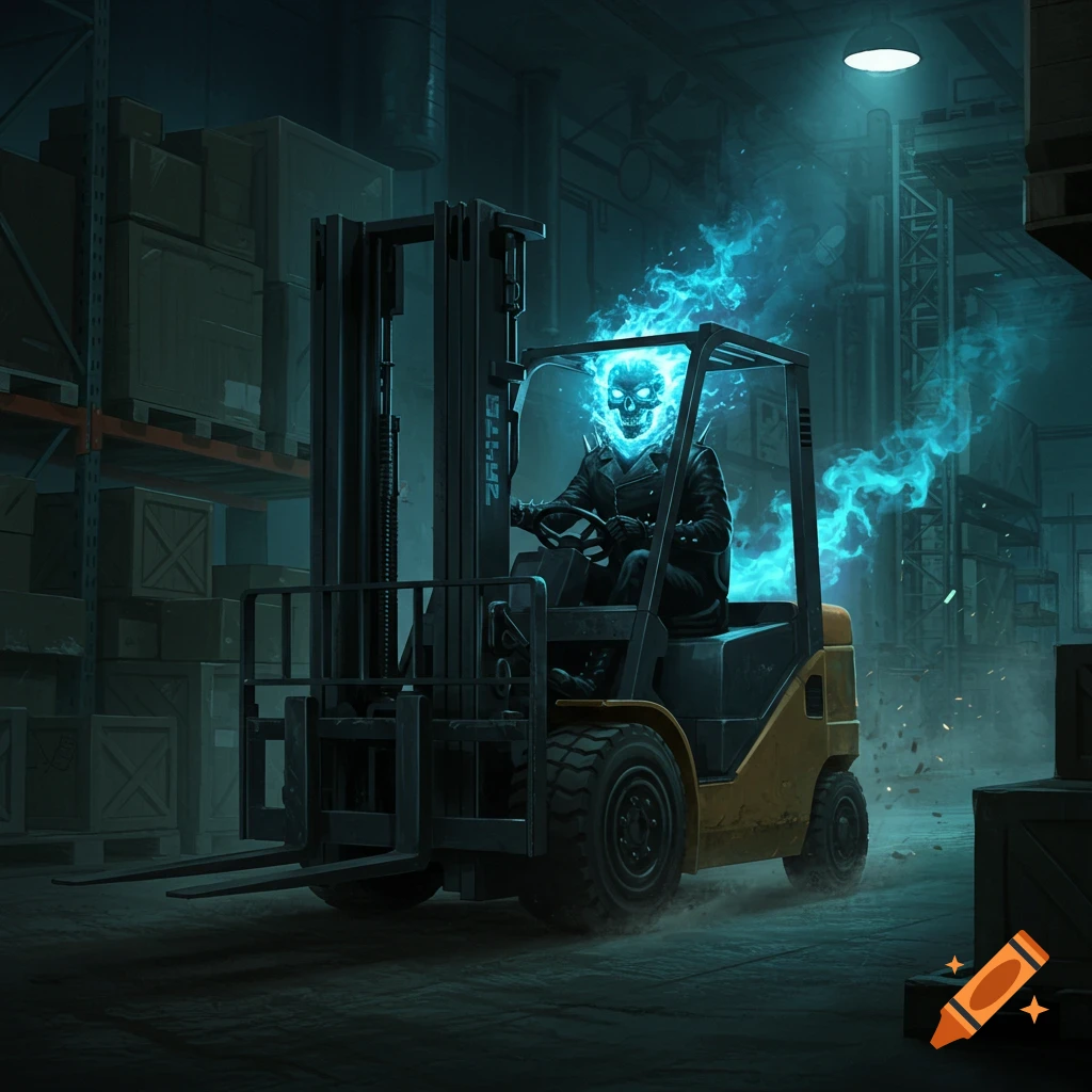 A Ghost Rider-like flaming skull drives a yellow forklift in a dark warehouse, engulfed in blue mystical flames.