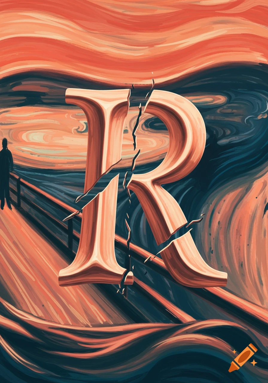 A fractured, stylized letter 'R' against a swirling background inspired by 'The Scream,' with a silhouetted figure on a bridge.