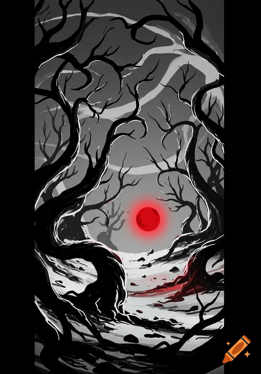 A dark, stylized forest scene with gnarled, bare trees framing a glowing red orb against a grey, cloudy sky.