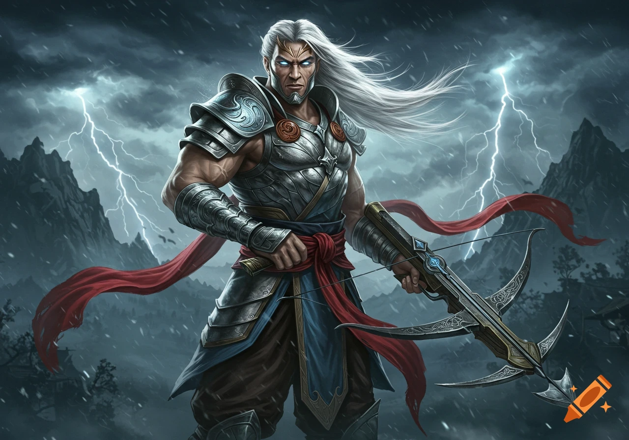 A hyper-realistic fantasy illustration of a warrior with white hair, glowing eyes, and armor, holding a crossbow in a stormy mountain landscape with lightning.