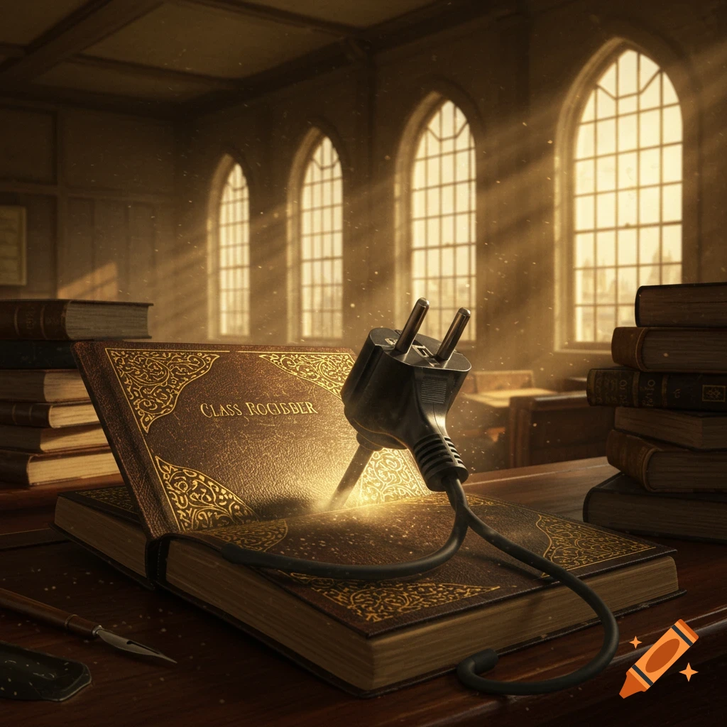 A close-up of an open ornate book on a wooden desk with a power plug inserted into it, glowing with light in a sunlit library.