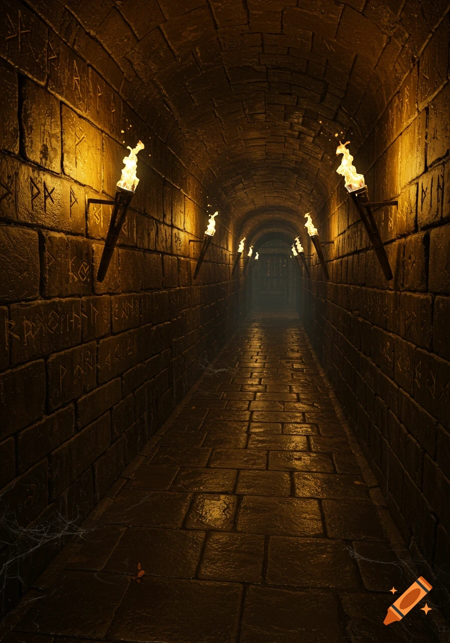 A dark, stone dungeon tunnel with wet floors, illuminated by glowing torches on the walls and carved ancient symbols.