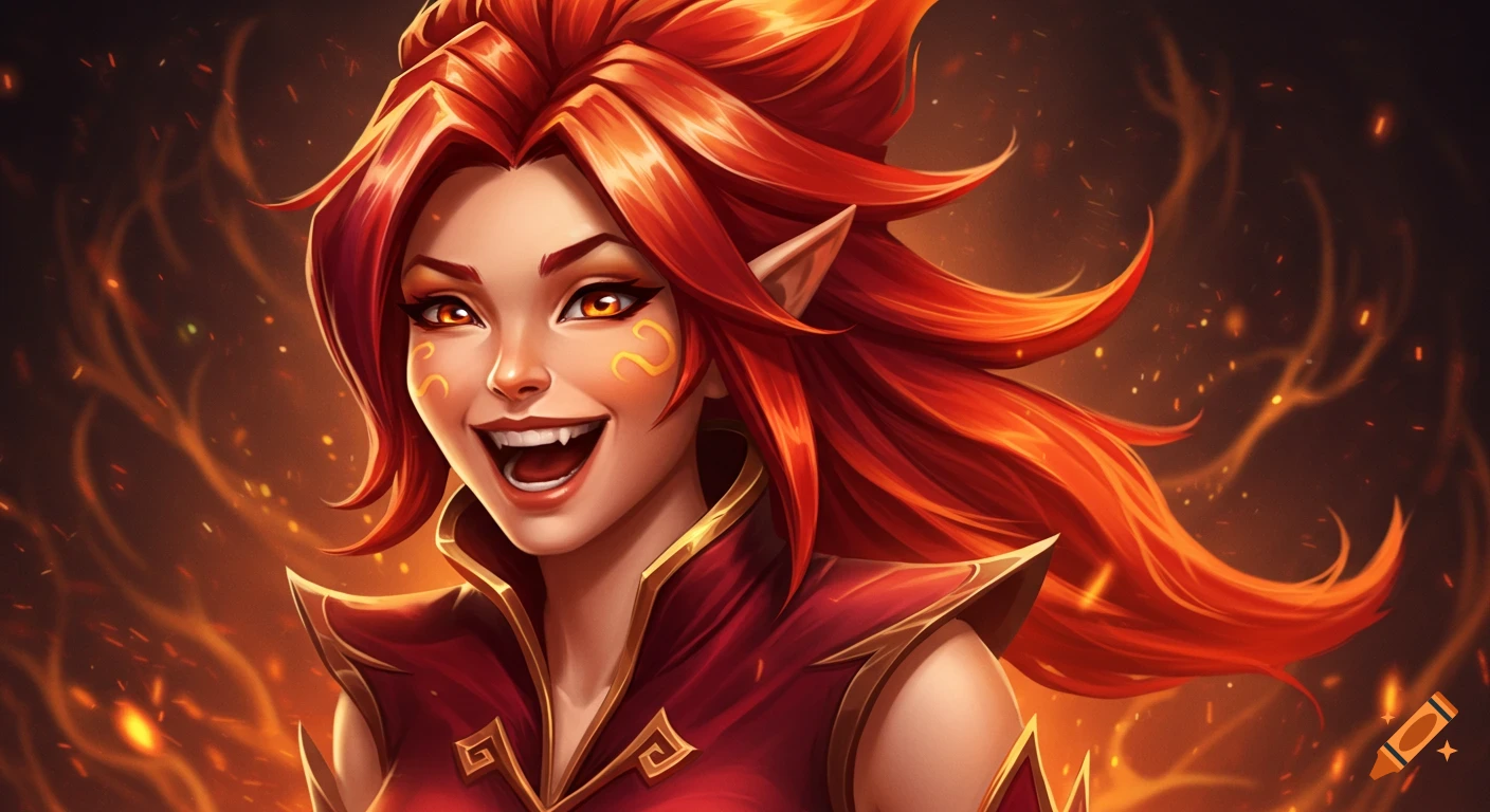 A digital art portrait of a fantasy character with fiery red hair, pointed ears, and fangs, smiling widely with joy.