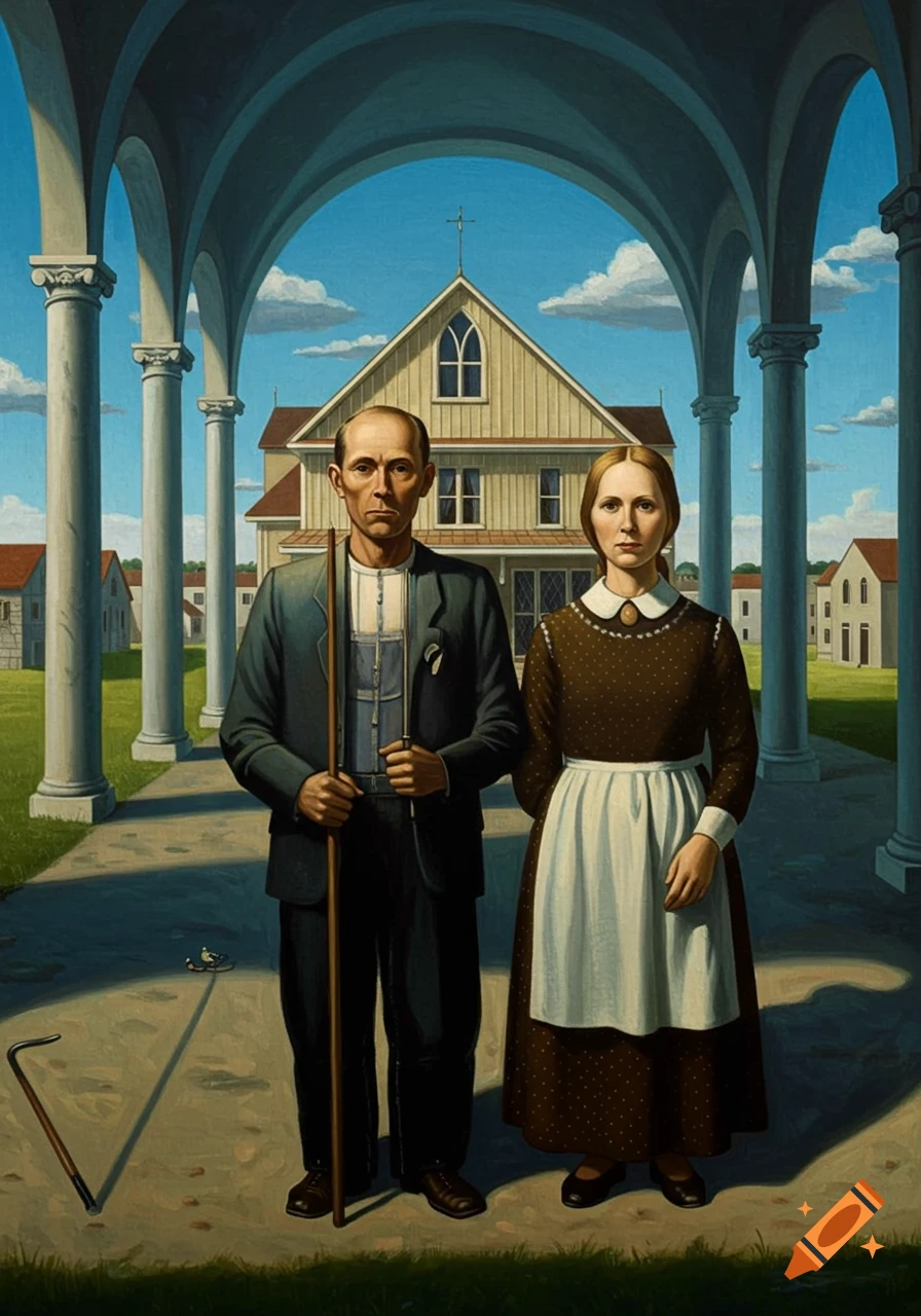 A man and a woman in formal attire stand in front of a house, framed by arches, in the style of Giorgio de Chirico.