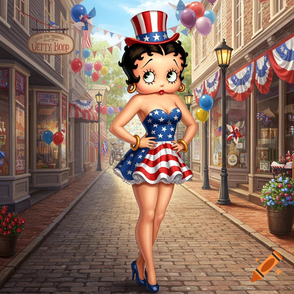 Betty Boop in a star-spangled dress and Uncle Sam hat stands on a festive, brick-paved street decorated with American flags and balloons.