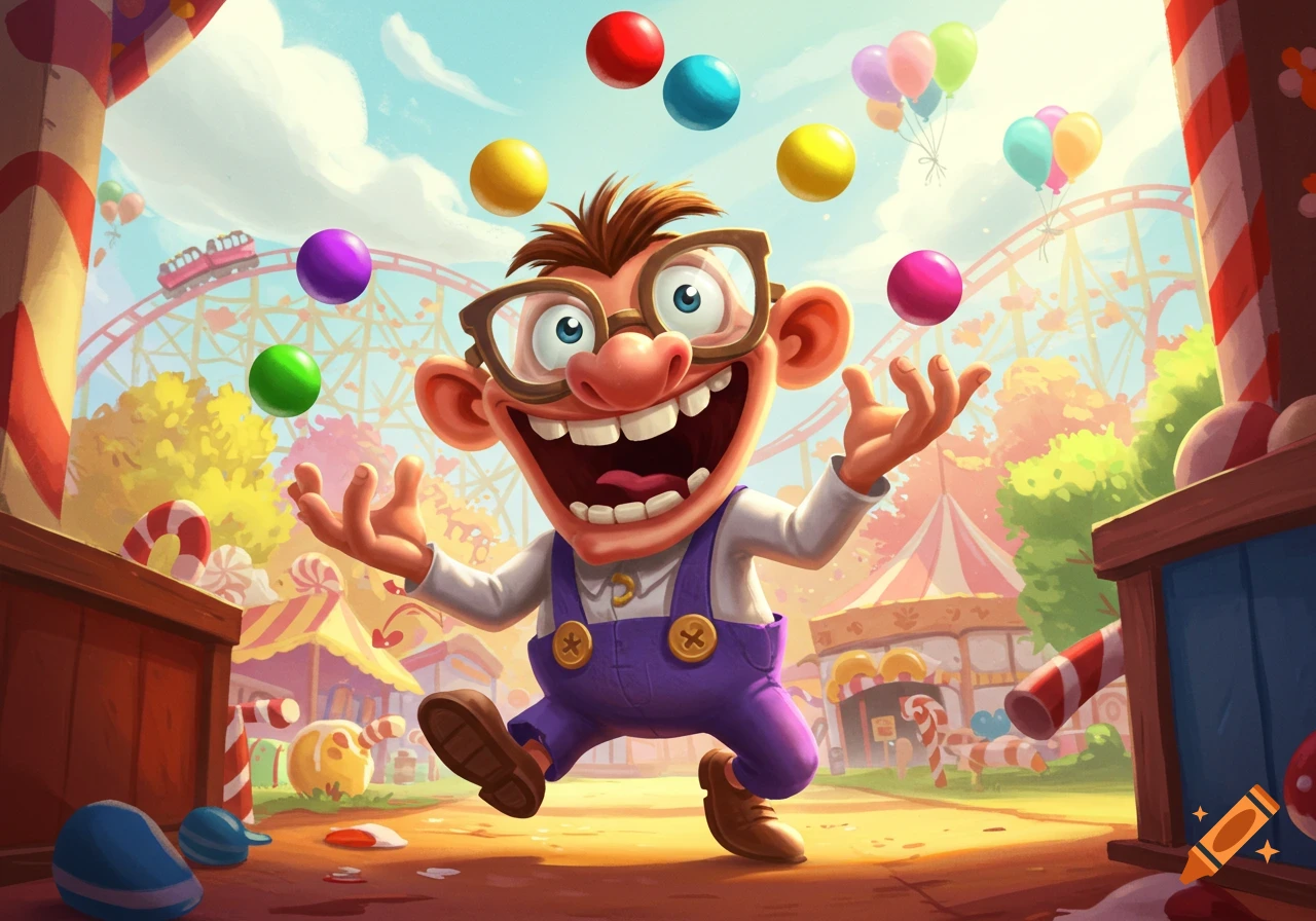 A goofy cartoon man with glasses juggles colorful balls in a vibrant amusement park with a roller coaster.
