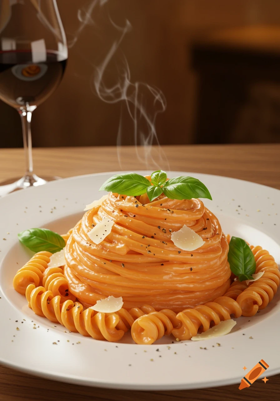 Photorealistic close-up of a plate of pasta with orange sauce, basil, parmesan cheese, and a glass of red wine.