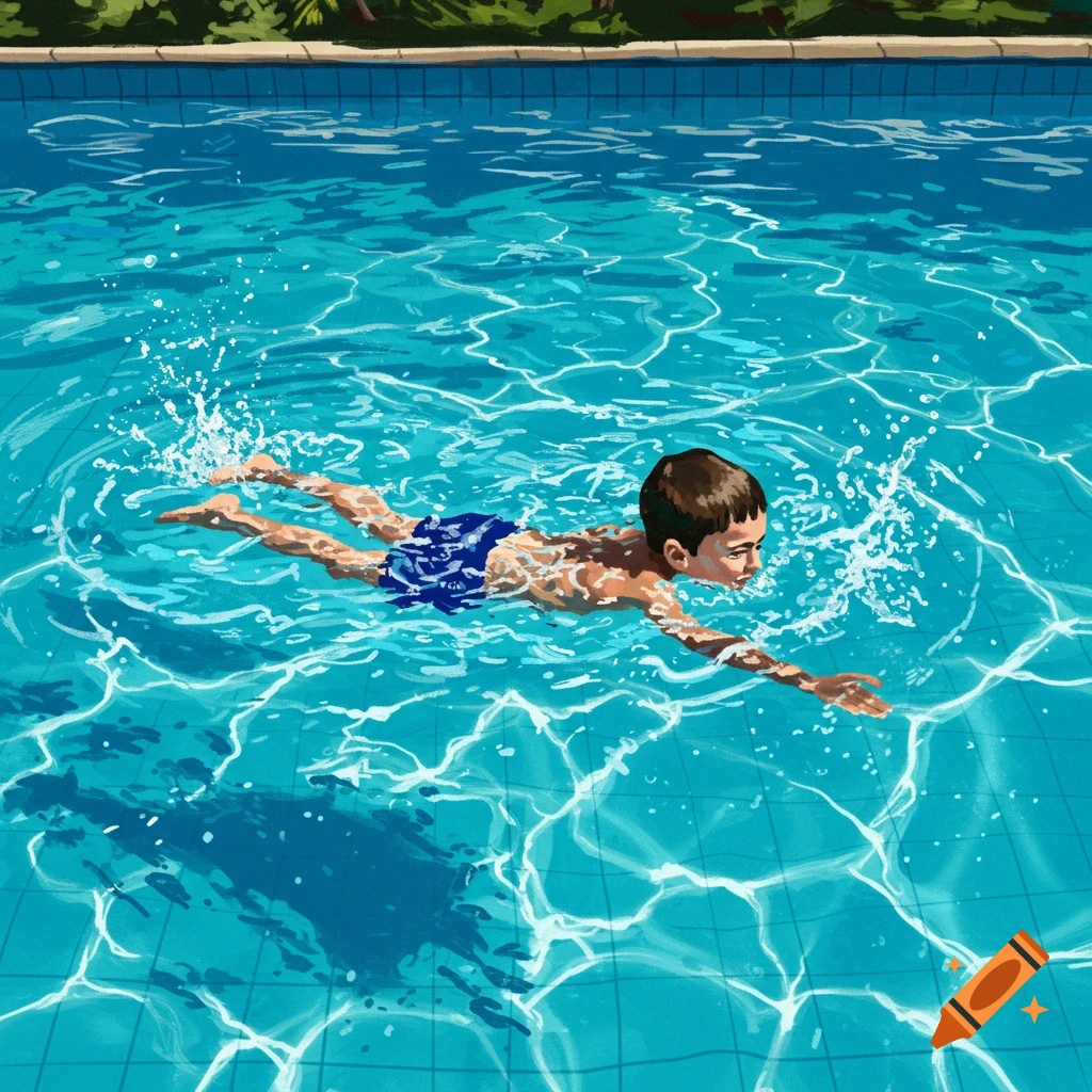 An illustration of a young boy in blue swimming trunks doing a breaststroke in a clear blue swimming pool.