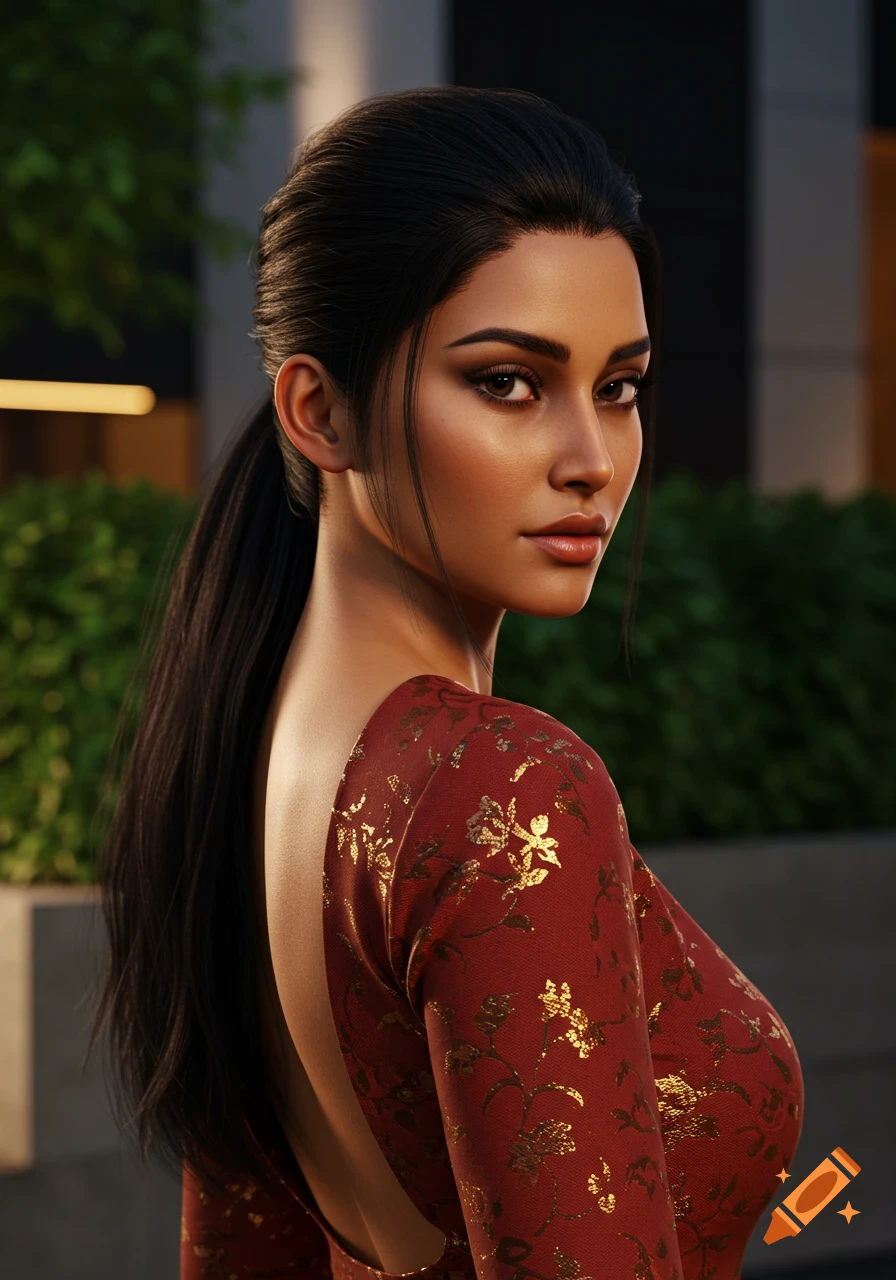 A beautiful woman with dark hair in a high ponytail looks over her shoulder, wearing a red top with gold floral patterns.