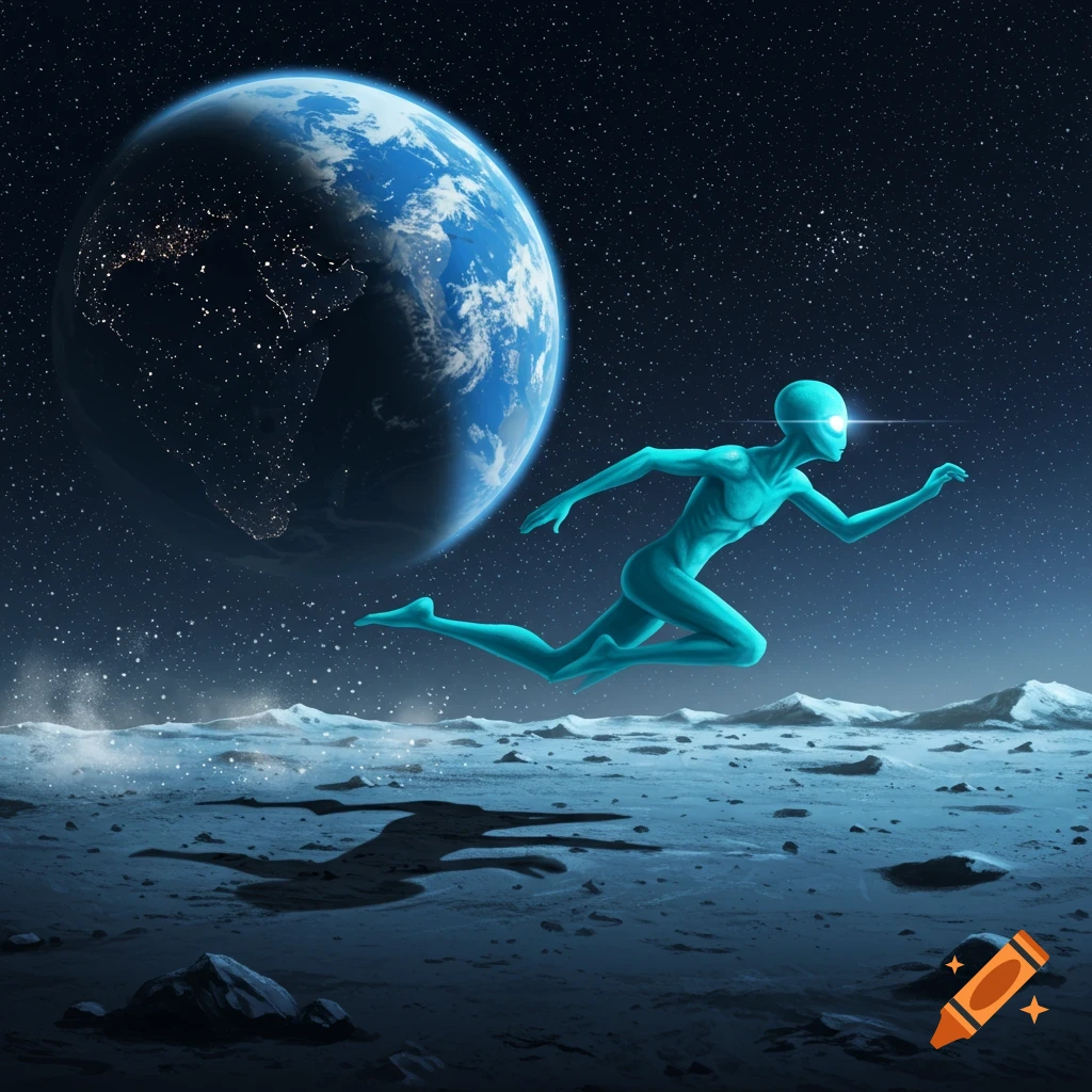 A teal-colored alien figure with glowing eyes runs across a cratered moon surface under a starry sky, with Earth in the background.