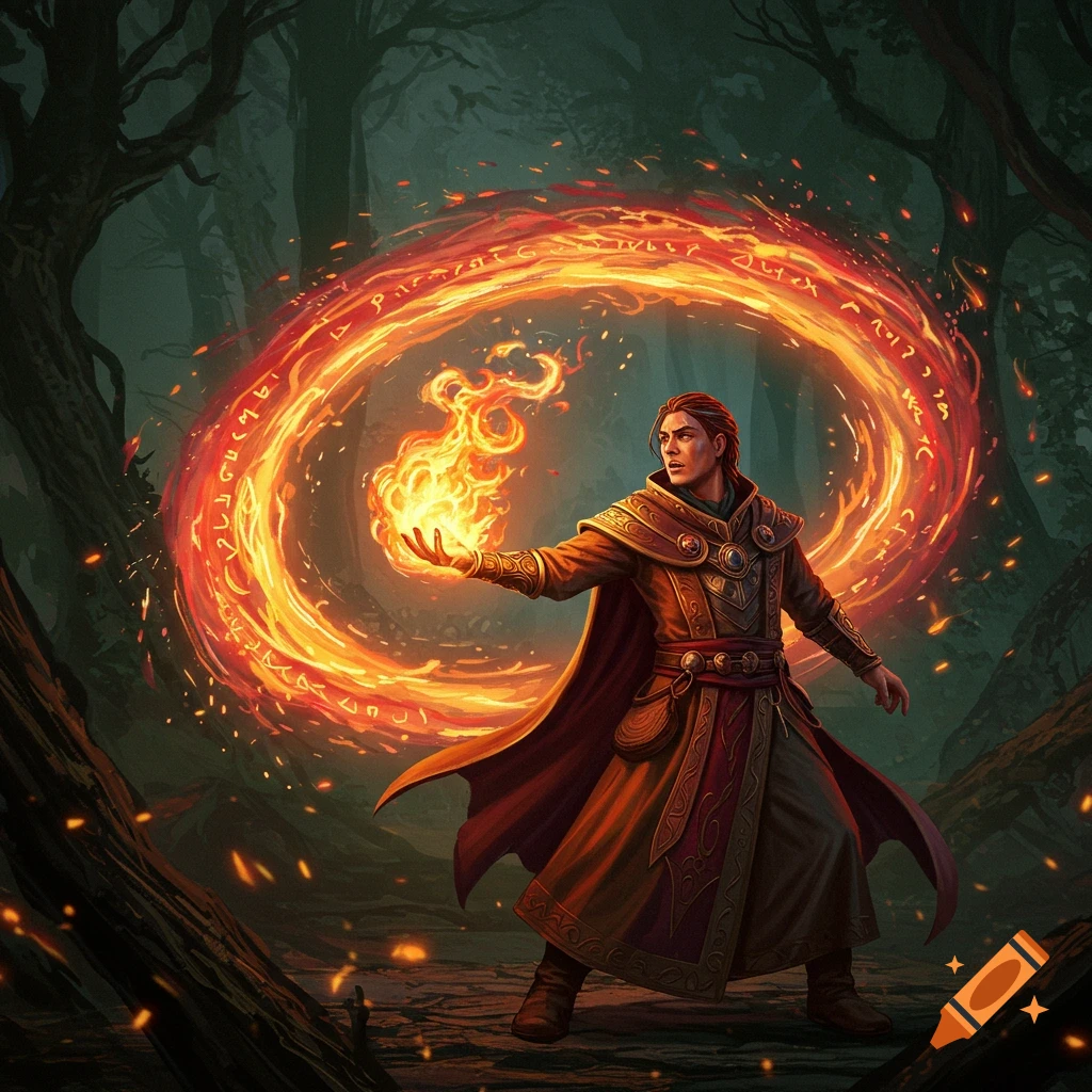 A wizard in a dark forest casts a fire spell, holding flames and surrounded by a fiery ring of arcane symbols.