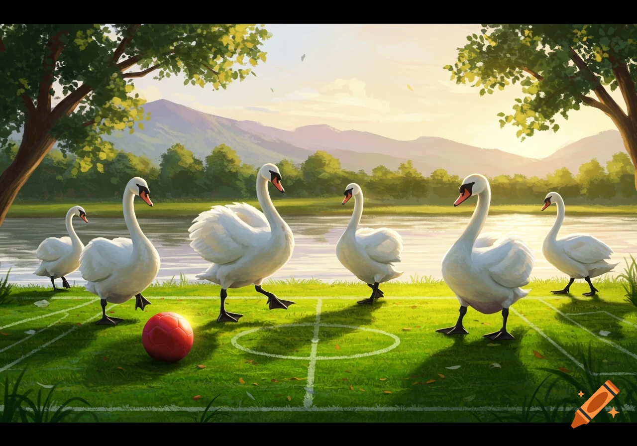 Illustrated scene of six white swans playing soccer with a red ball on a grassy field by a river at sunset.