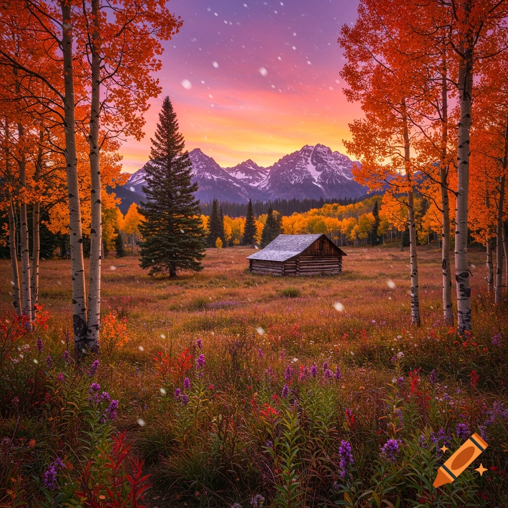 Photorealistic autumn mountain landscape with a rustic log cabin, orange aspen trees, wildflowers, snow-capped mountains, and a sunset sky with falling snow.