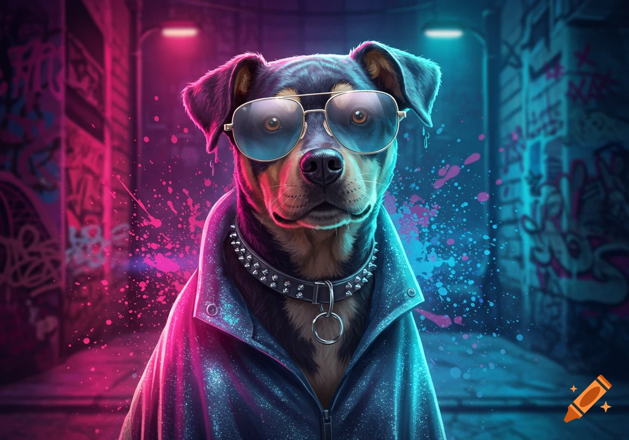 A cool dog in sunglasses and a sparkly jacket stands in a neon-lit, graffiti-covered alley.