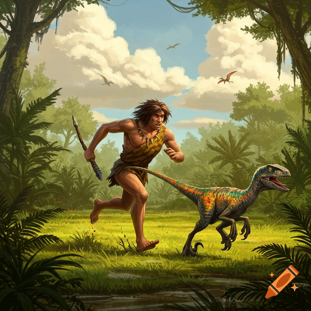 An illustrated caveman in a loincloth runs away from a colorful velociraptor through a lush prehistoric jungle.