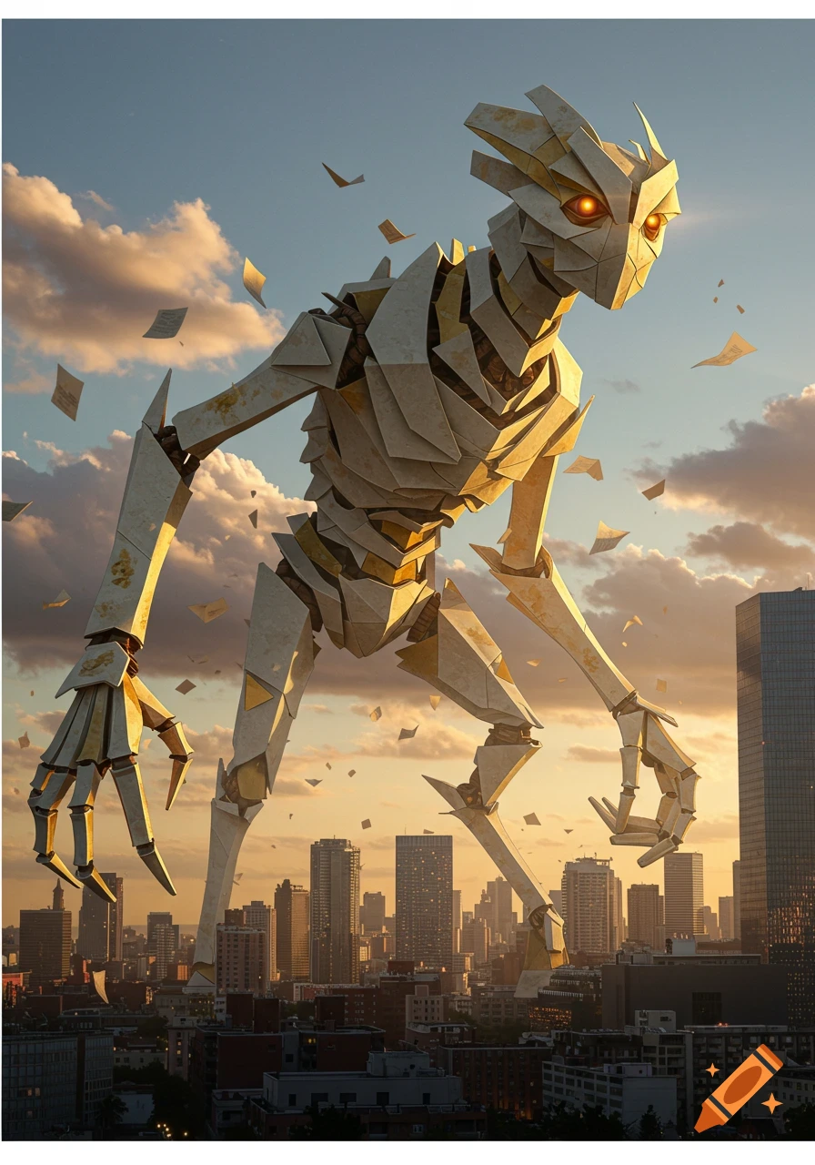 A giant, angular paper monster with glowing eyes overlooks a city skyline at sunset as smaller papers float around it.