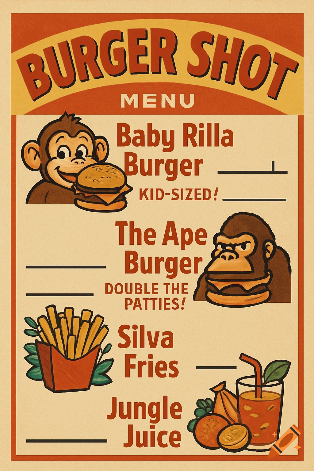 Vintage Burger Shot menu poster with cartoon monkeys, burgers, fries, and jungle juice.