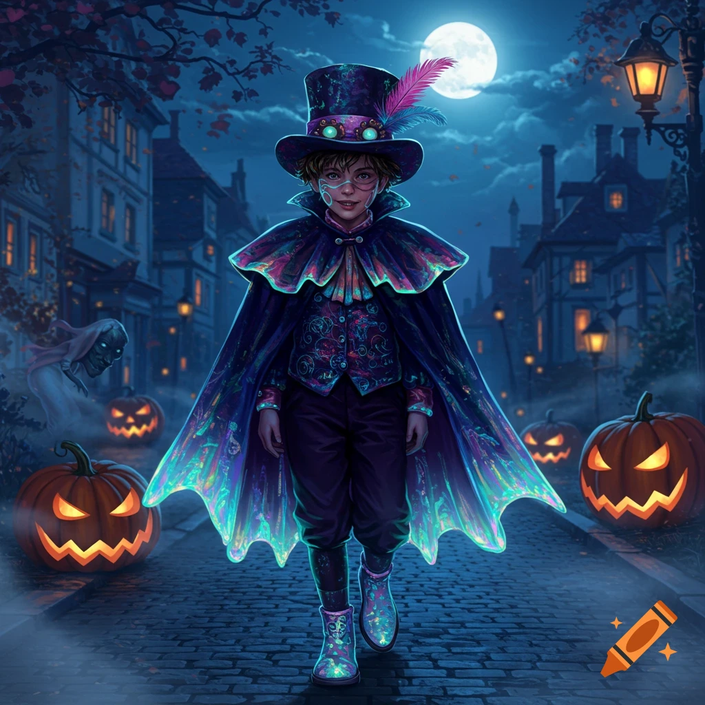 A young boy in a magical, glowing Halloween costume walks down a spooky cobblestone street lit by jack-o'-lanterns under a full moon.