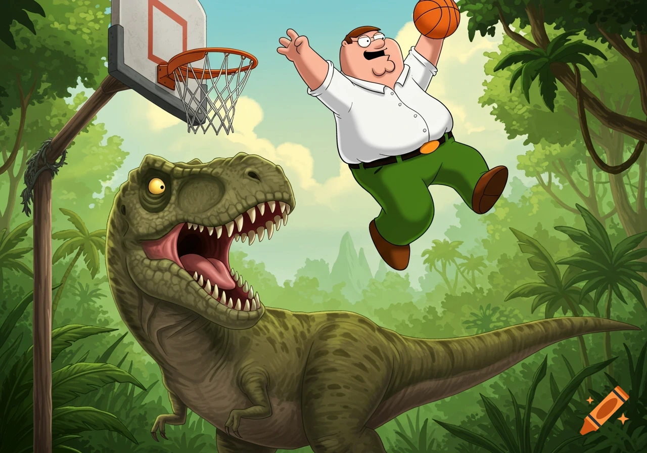 Peter Griffin dunking a basketball over a T-Rex in a lush jungle setting in a cartoon style.