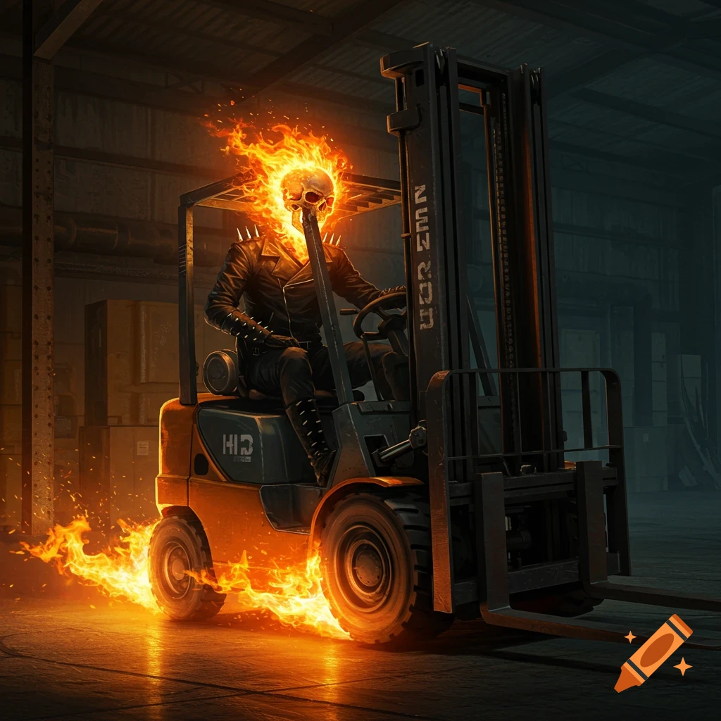 A flaming skull, resembling Ghost Rider, drives an orange forklift through a dark warehouse, surrounded by fire.