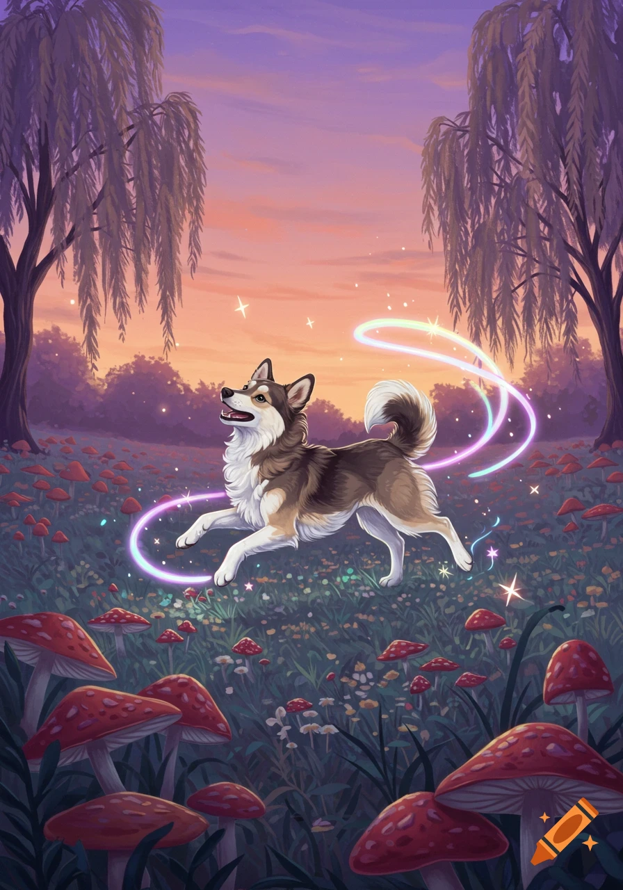 An illustrated husky-like dog leaps through a vibrant, mushroom-filled field at sunset, surrounded by glowing rainbow trails.