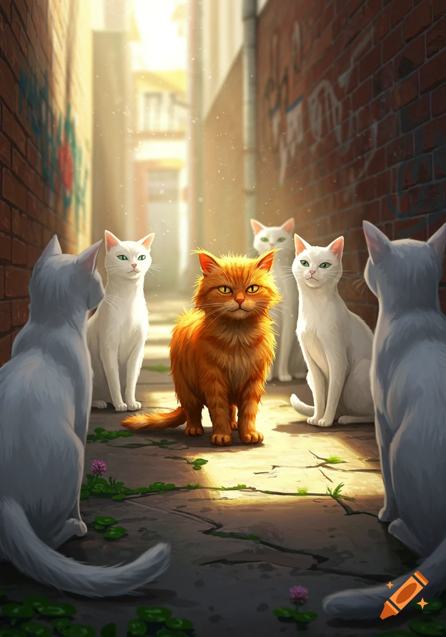 A fluffy orange cat stands in a sunlit alley, surrounded by several white cats looking at it. Digital art.