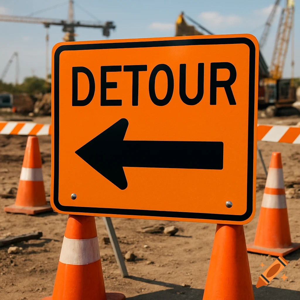 An orange 'DETOUR' sign with a left arrow stands on a dirt construction site, flanked by safety cones, with cranes visible in the background.