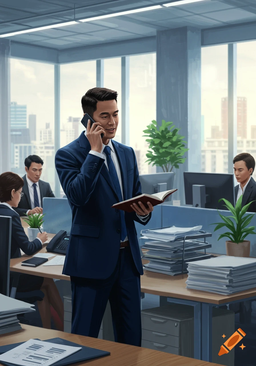 A man in a blue suit talks on a phone while holding a book in a busy, modern office with colleagues.