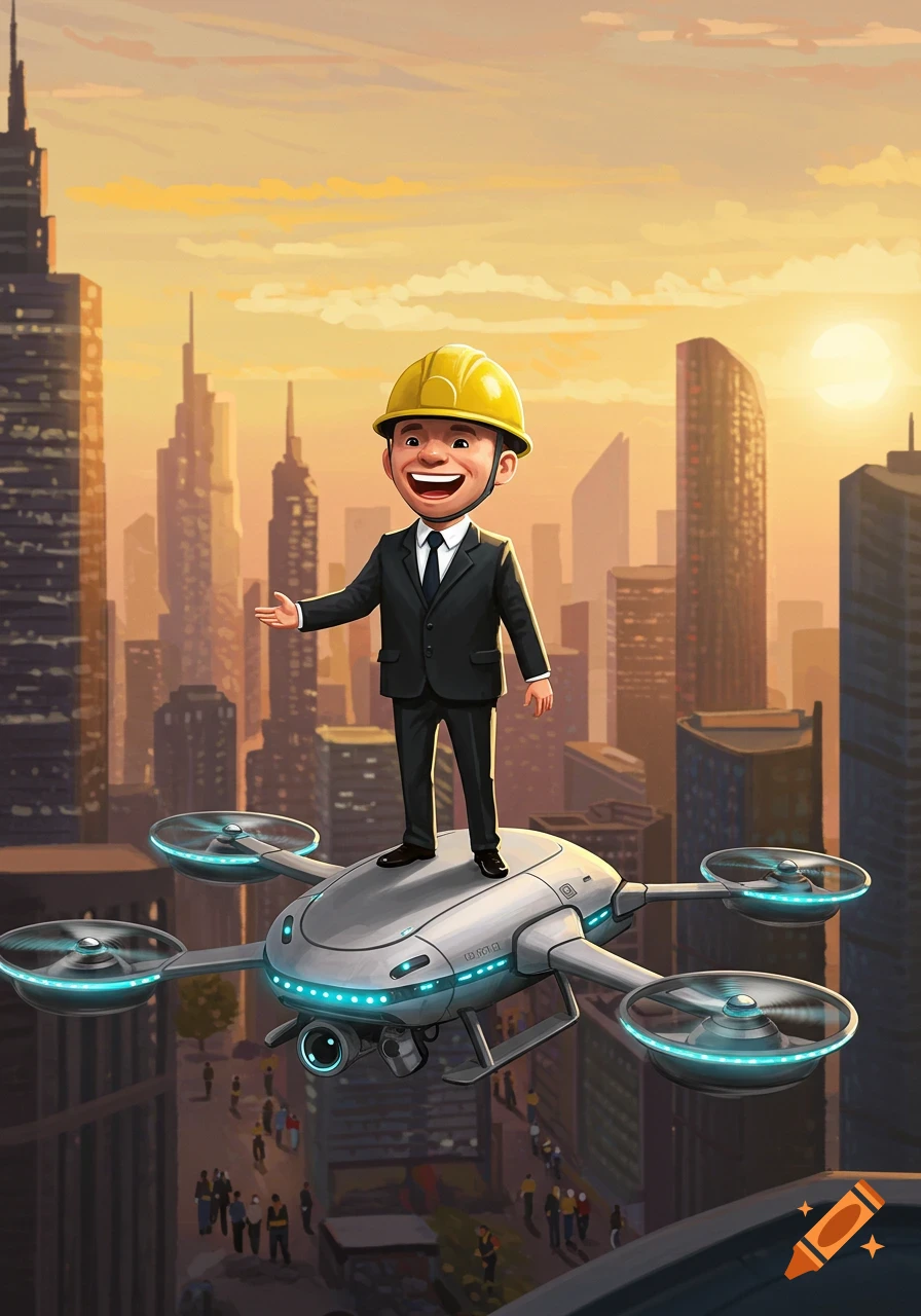A cheerful cartoon engineer in a hard hat and suit flies on a drone over a futuristic city at sunset.