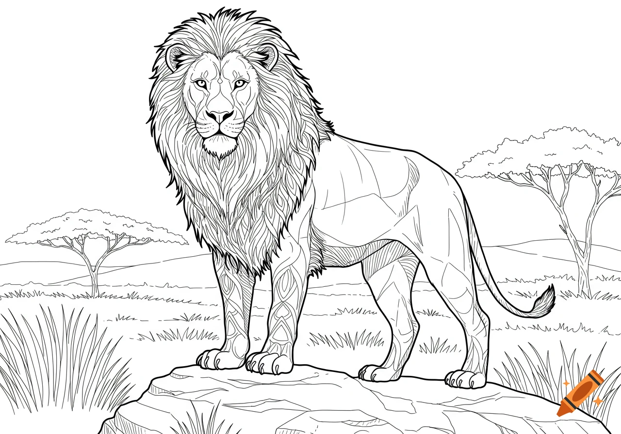 Line art drawing of a majestic lion standing on a rock in a savanna landscape, ready for coloring.