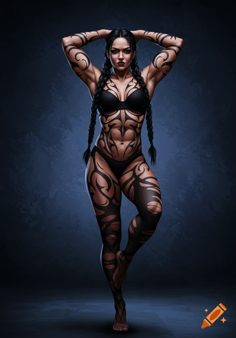 A muscular woman with tribal tattoos and braids poses in black lingerie against a dark background, stylized art.