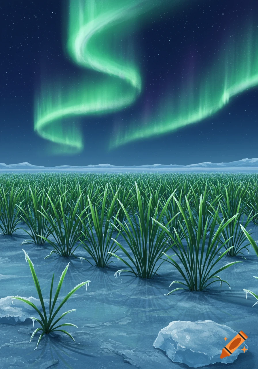 Lush green plants with icy tips grow in a frozen field under a vibrant green aurora borealis in a dark blue night sky.